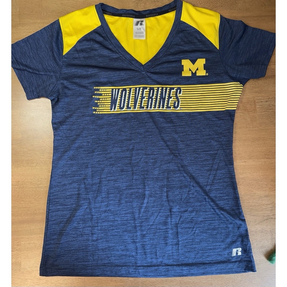 Russell Athletic Michigan Wolverines Shirt Womens Large Blue Yellow V-Neck Tee